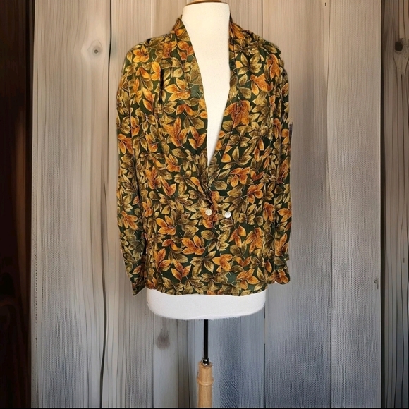 Vintage Quo Silk Leaf Print Blouse Jacket L | Fall Grandpa Fit - Picture 3 of 13